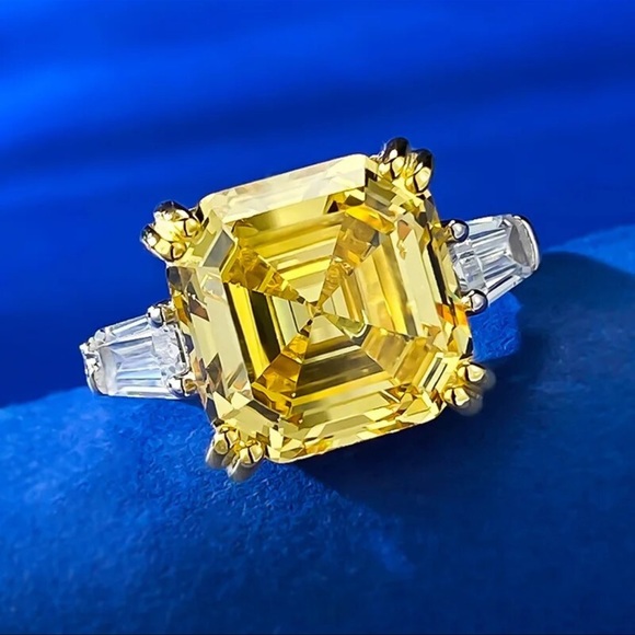 Art Deco Asscher Cut Yellow Diamond Ring Size 5 - Picture 8 of 11